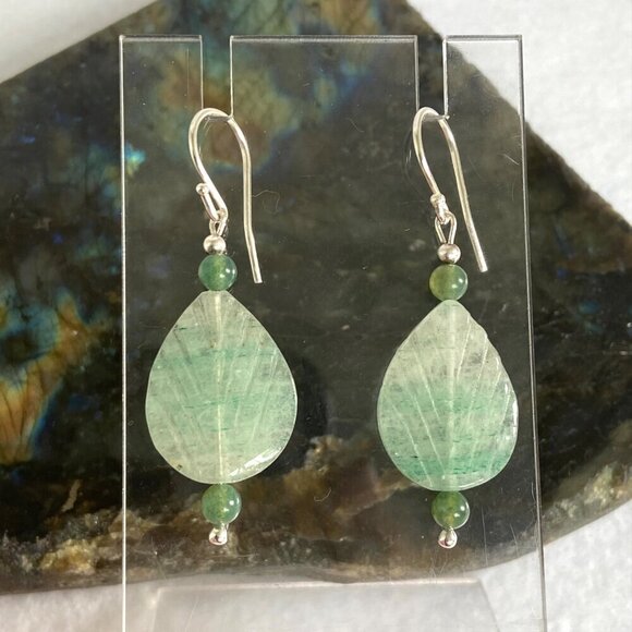Sterling Silver 925 Beaded Carved Jadeite & Tourmaline Leaf Dangle Earrings - Picture 16 of 16